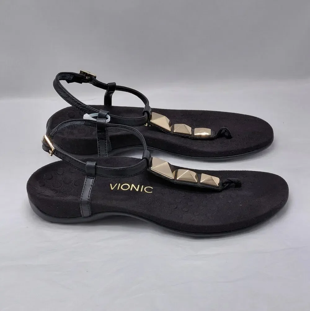 Vionic Womens Thong Sandals Size 9 Black Gold Studded T Strap Comfort Shoes